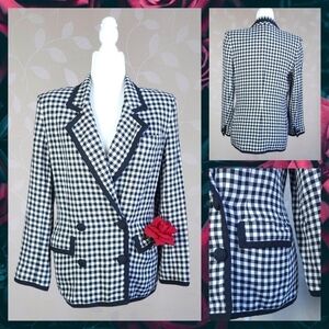 Charter Club Vintage Gingham Plaid Linen Blend Blazer Black White 8